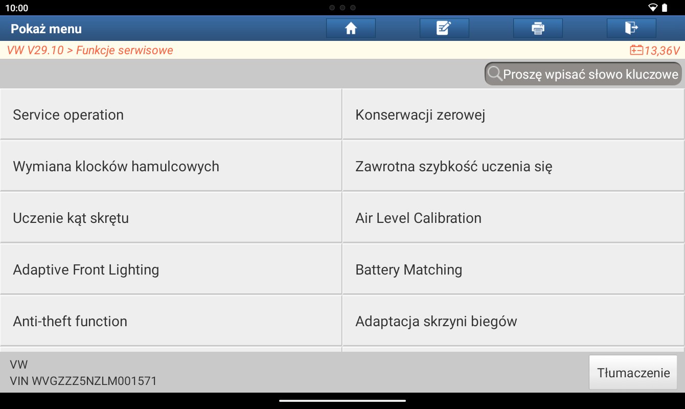 Lista funkcji serwisowych w testerze Launch — pozycja Adaptacja skrzyni biegów