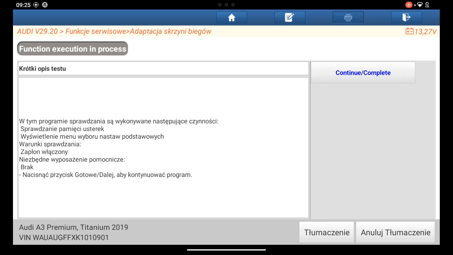 Okno instrukcji adaptacji skrzyni DSG w testerze Launch — Function execution in process, warunki sprawdzania i przycisk Continue