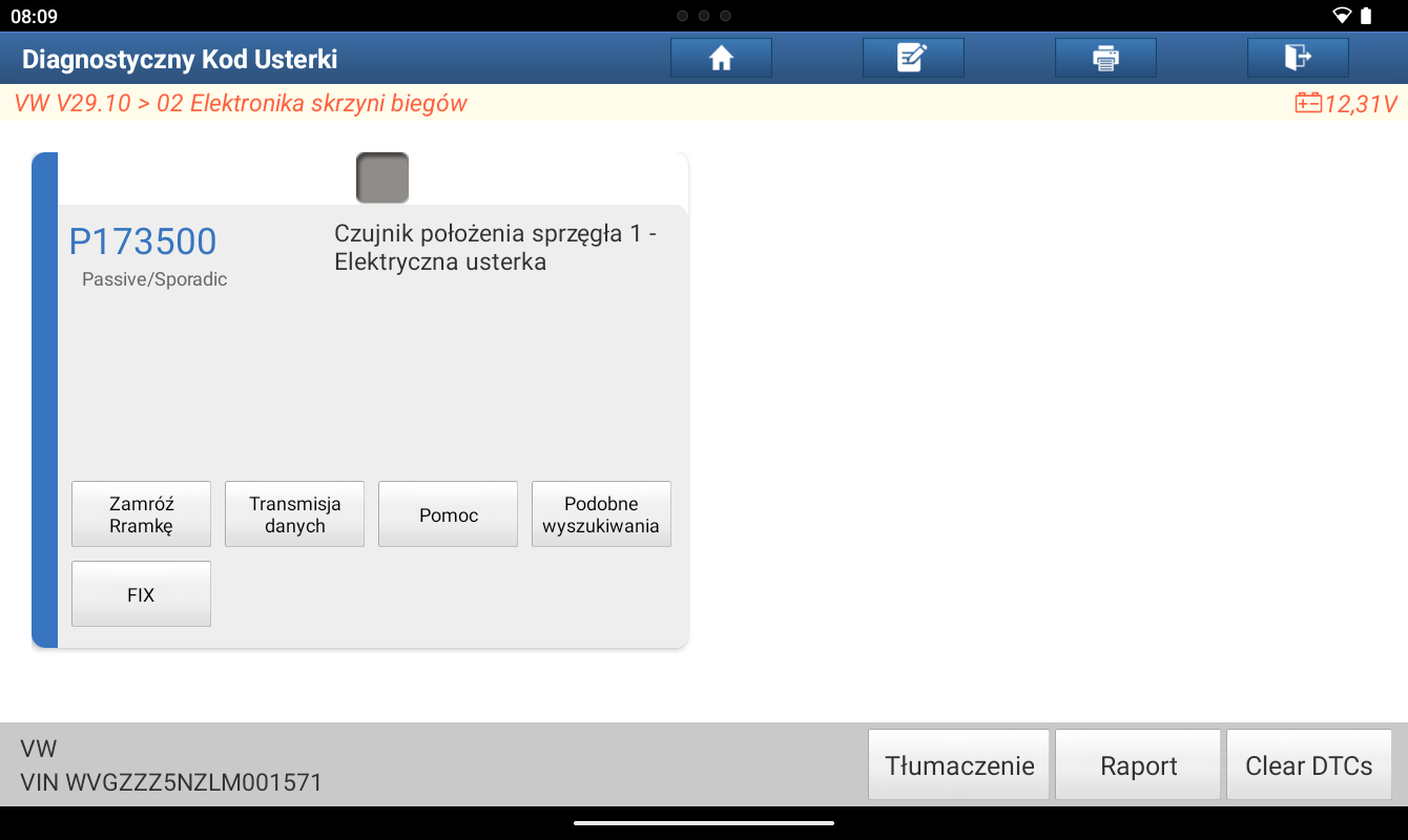 Kod błędu P173500 — Czujnik położenia sprzęgła 1 — Elektryczna usterka w testerze Launch