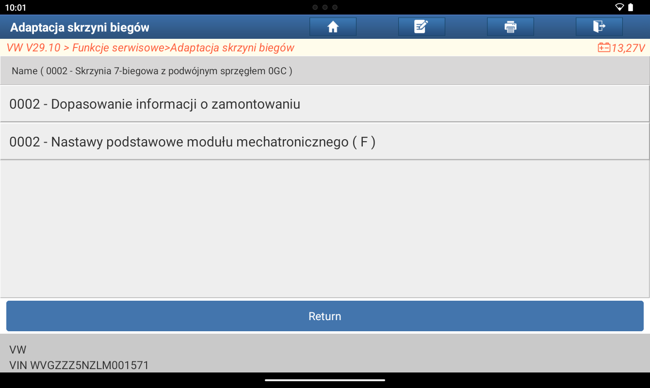 Wybór nastaw podstawowych modułu mechatronicznego w testerze Launch — skrzynia 0GC
